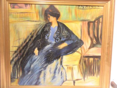 a painting of a woman sitting in a chair