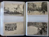several old black and white photos of people walking down a street