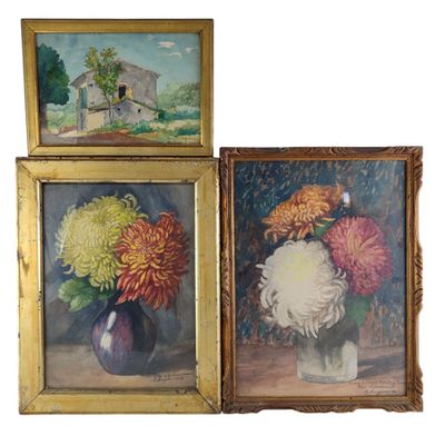 three paintings of flowers in a vase and a painting of a house in a vase