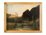 une image représentant un tableau de paysage avec une rivière au premier plan et une montagne à l'arrière-plan
