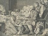 a black and white drawing of a group of people sitting around a table
