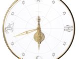 a clock that has a gold clock face on it