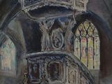 peinture représentant une peinture d'une chaire d'église avec un vitrail