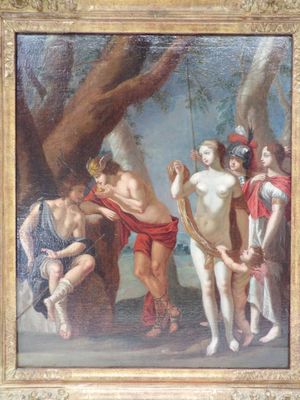 une image représentant un tableau où l'on voit un groupe d'hommes nus dans un décor boisé