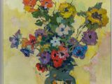 tableau représentant un vase de fleurs posé sur une table recouverte d'une nappe rayée
