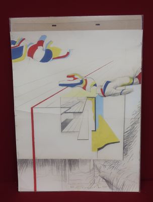 drawing of a room with a chair and a table with a painting on the wall