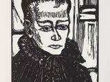 a black and white drawing of a woman in a fur coat