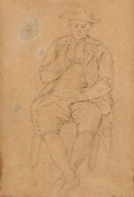 un vieux dessin représentant un homme assis sur une chaise, coiffé d'un chapeau