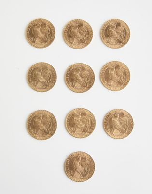 5 Lot de 10 pièces de 20 Francs coq, (7 x 1908 et 3 x 1910),…