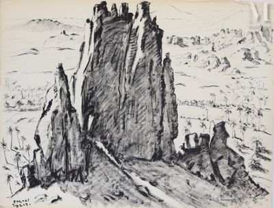 dessin représentant une formation rocheuse au milieu d'un désert