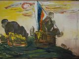 a painting of a man on a boat in the water