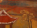 an image of a painting of a pagoda with a tree in the foreground