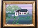 tableau représentant une maison blanche au milieu d'un champ de fleurs bleues