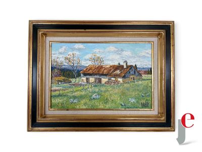 tableau représentant une ferme au toit de chaume, dans un cadre doré