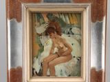 an image of a painting of a woman sitting on top of a wooden easel