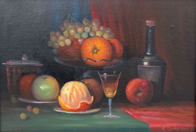 un tableau représentant une corbeille de fruits et un verre de vin