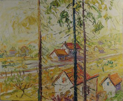 une peinture représentant une peinture d'une maison dans les bois