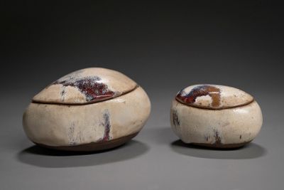 pair of white and brown bowls with lids sitting on a table