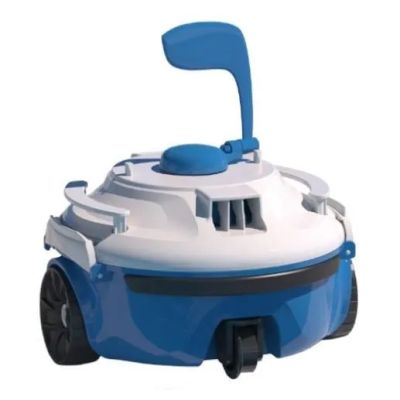 the blue and white vacuum cleaner is sitting on a white surface