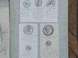 several drawings of different types of coins are on a table