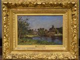 an oil painting of a river scene with a house in the background