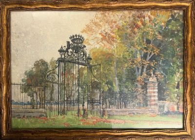 painting of a painting of a gate in a park with trees in the background