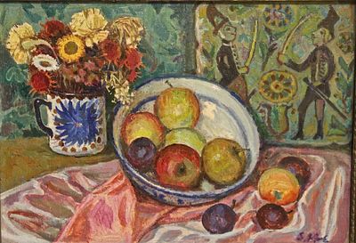 Ecole Russe "Nature morte aux fruits", huile sur toile avec …