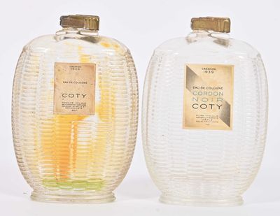 deux flacons d'eau de Cologne posés l'un à côté de l'autre sur une surface blanche