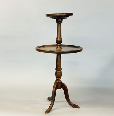 a wooden table with a tray on top of it