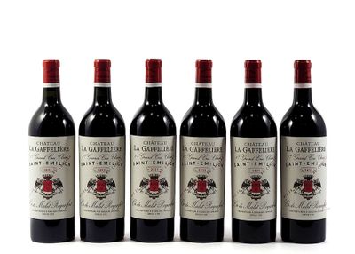 six bottles of red wine lined up in a row on a white surface