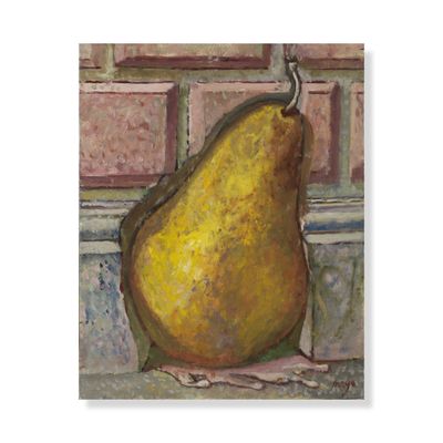 painting of a pear sitting on a table with a brick wall in the background