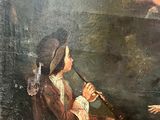 an old painting of a woman playing a flute and a man sitting on the ground