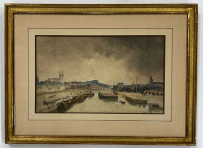 painting of a view of a city with boats in the water