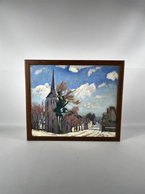 a painting of a church with a steeple on a snowy day