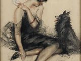 painting of a woman sitting on a couch with a dog and combing her hair