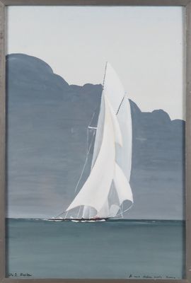 tableau représentant un voilier en mer, avec des montagnes en arrière-plan