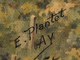 an image of a painting of a man and a dog in a wooded area