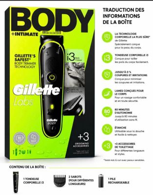 une image représentant un coffret de produits de soins corporels Gillette, accompagné d'un mode d'emploi