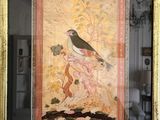 framed picture of a bird on a branch with a woman in the background