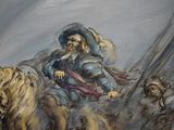 a painting of a man riding on a horse with a dog