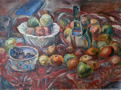 a painting of a bowl of fruit on a table