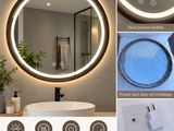 un collage de photos d'une salle de bains avec un miroir rond