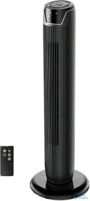 une photo d'un purificateur d'air noir à côté d'une télécommande