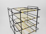 a black and yellow wire rack with six shelves