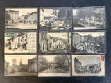 several old black and white photographs of a street in a town