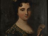 portrait of a lady in a blue dress with a feather in her hair