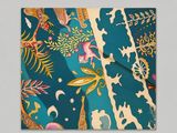 a picture of a blue background with a pattern of animals and plants
