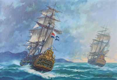 painting of two ships in the ocean near each other
