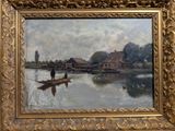 painting of a man in a boat on a river with a village in the background