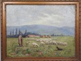 painting of a man standing in a field with a flock of sheep
